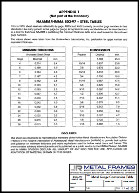 This link will take you to the NAAMM/HMMA 803-97 Steel Tables Metal Gauge Conversion Table provided by JR Metal Frames.