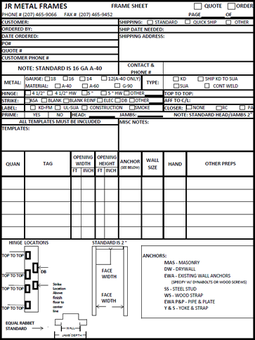 JR Metal Frames - Frame Order Form.